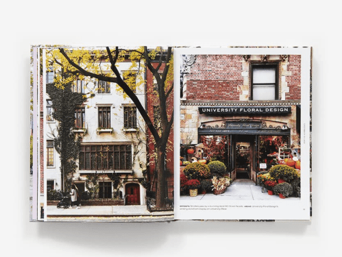 A book open to a page featuring a floral design shop and a charming building with autumn foliage outside.